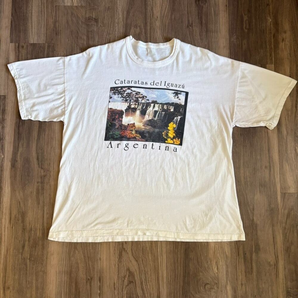 Vintage Iguazu Falls Nature T-Shirt Size L Boxy 1990s Argentina White Worn